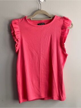 J Crew Bright Pink Ruffle Sleeve Ribbed Tee Tank size L